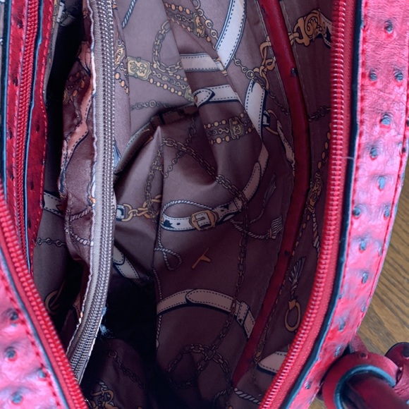 COPY - Red faux ostrich vegan leather satchel w shoulder strap gold hardware NWT - Picture 6 of 9